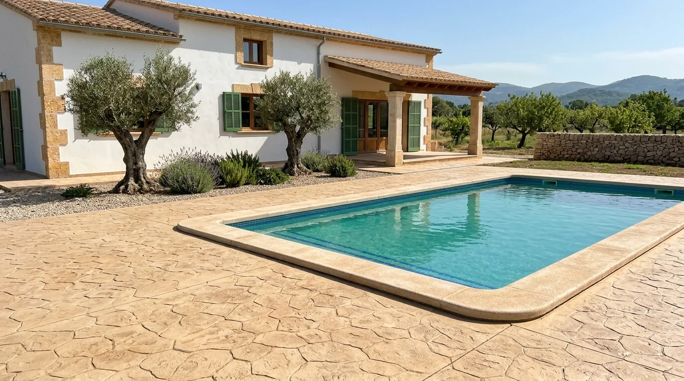 Terraza de hormigón impreso color arena con dibujo de piedra irregular alrededor de una piscina, junto a una casa de campo mallorquina con persianas verdes y olivos